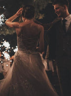Romantic Long Tulle Lace Wedding Dress with Spaghetti Straps A Line V Neck