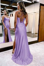 Hot Pink Spaghetti Straps Satin Mermaid Prom Dress With Slit