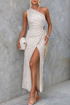 Celebrities Formal Solid Sequins Draw String Slit Oblique Collar Evening Dress Dresses