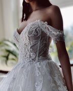 Stunning Tulle Long A Line Wedding Dress With Off The Shoulder Neckline