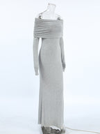 Abiti da Sera Lunghi a Maniche Lunghe e Aderenti con Piega a Soffietto, Monocolore, Spacco Laterale e Scollati sulle Spalle