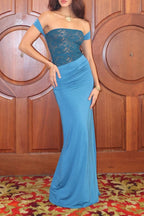 Jacquard Patchwork Ruched Slim Fit Sleeveless Maxi Dresses-Blue Pre Order