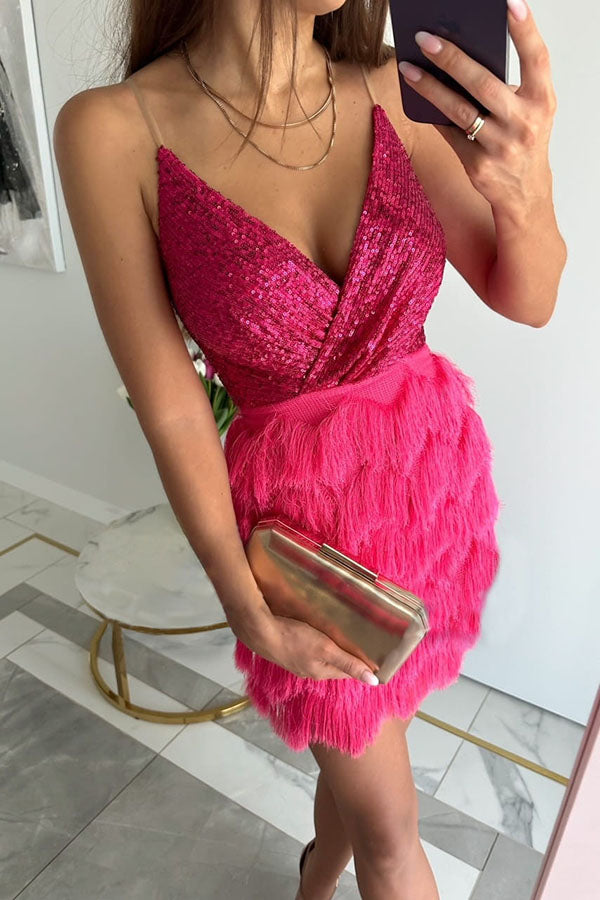 Robe courte à bretelles à franges étagées en patchwork pailleté Bling City