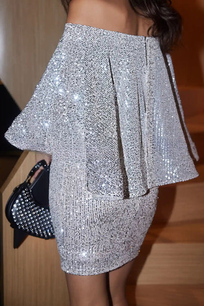 Season of Sparkle Off Shoulder Cape Style Mini Dress
