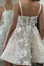 Deluxe Short A Line Lace Prom Dress With Square Neck Spaghetti Straps Appliques