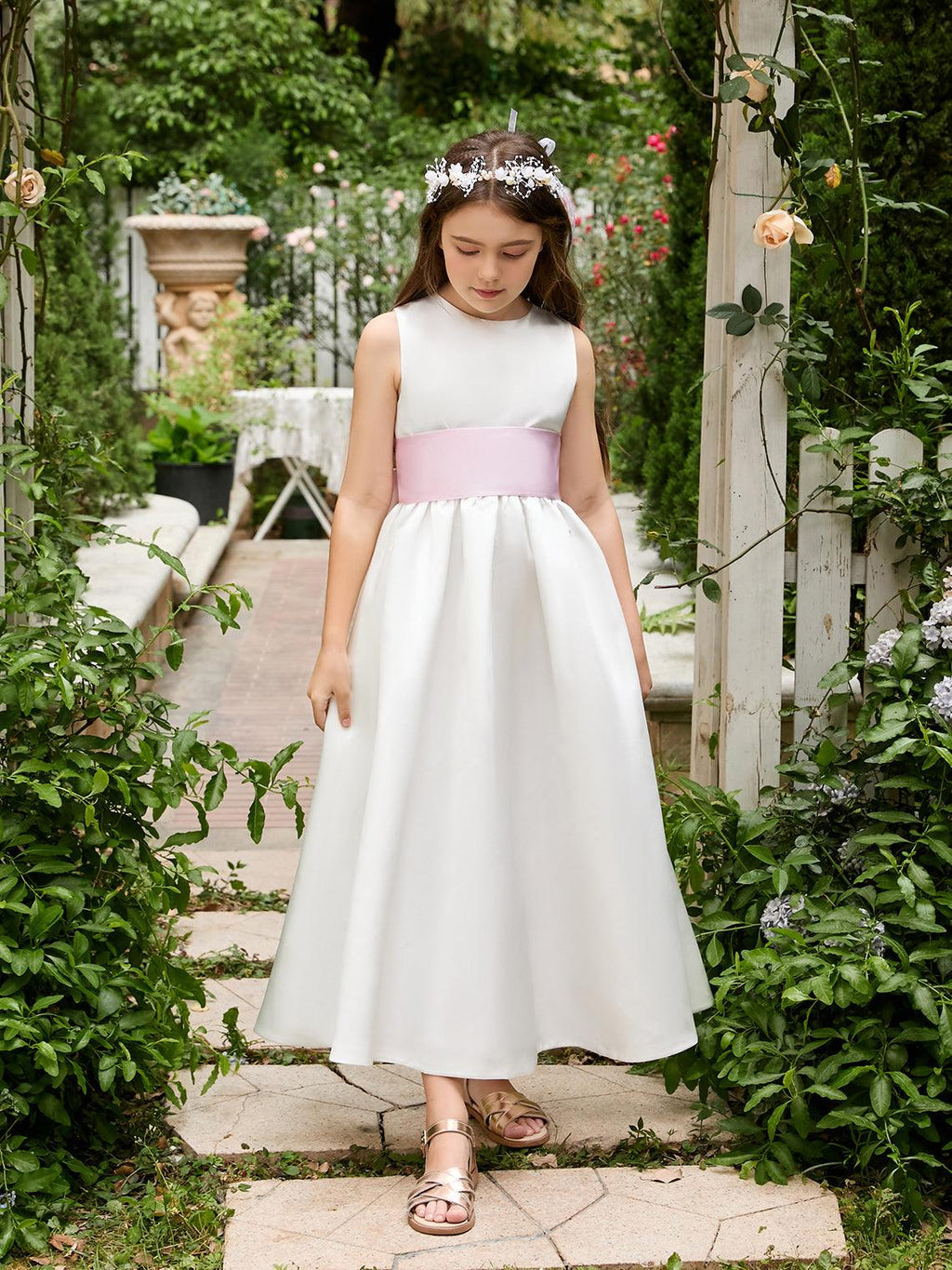 Ivory Satin Flower Girl Ball Gown Ankle Length Dress With Sash