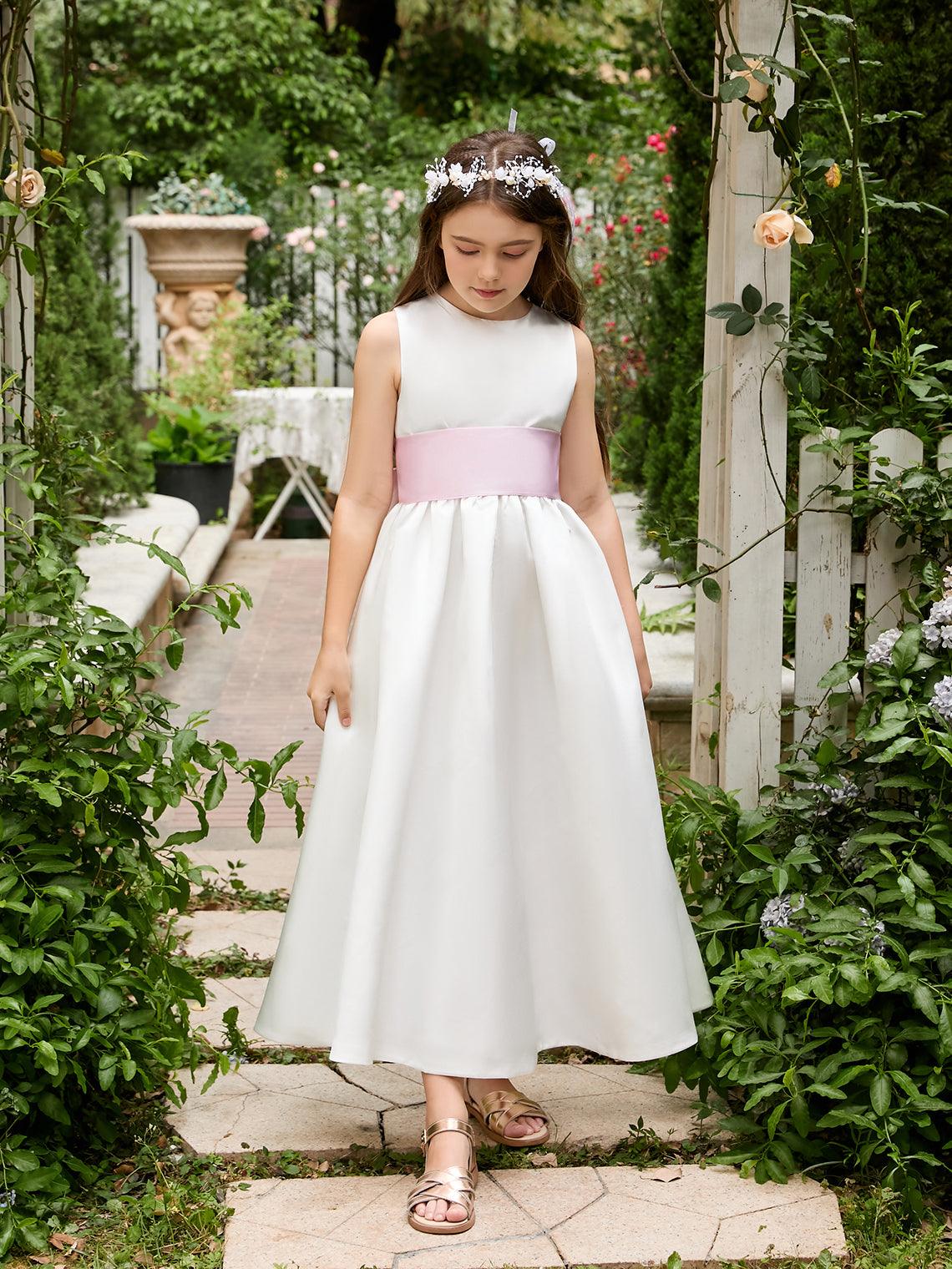 Ivory Satin Flower Girl Ball Gown Ankle Length Dress With Sash
