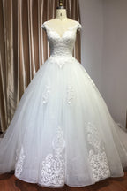 Cap Sleeve Ball Gown Wedding Dress With Sheer Tulle And Lace V Neck