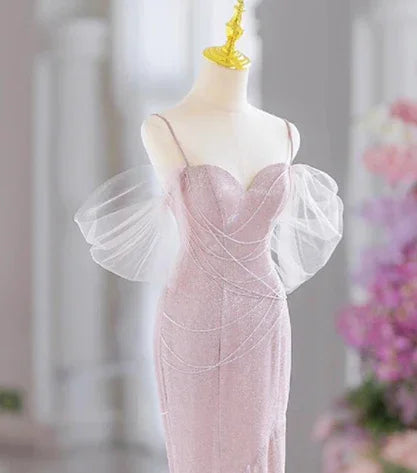 Abito da sera elegante rosa con perline, spalline sottili stile sirena, modello Y7615