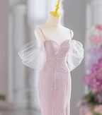 Abito da sera elegante rosa con perline, spalline sottili stile sirena, modello Y7615