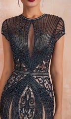 Elegant Short Sleeve Jewel Neck Beaded Mermaid Prom Dress
