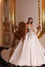 One Shoulder Satin A Line Wedding Dress Backless Lace Chapel Train