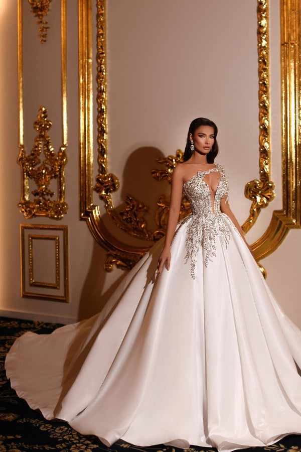 One Shoulder Satin A Line Wedding Dress Backless Lace Chapel Train