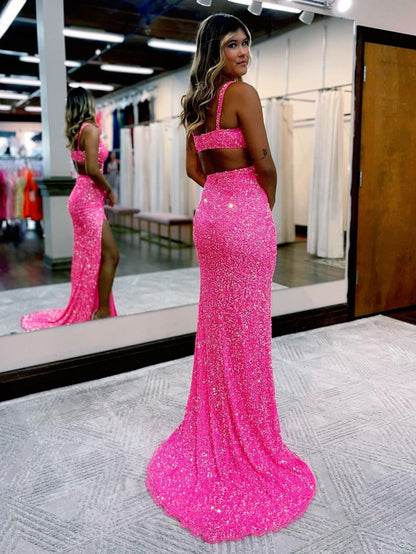 Vestido de fiesta de sirena con escote en V y lentejuelas con abertura