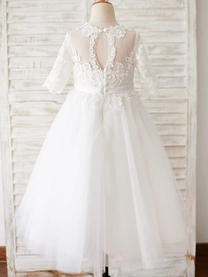 Vestido de primeira comunhão para daminha de honra, em tule e renda, comprimento até o chão 
