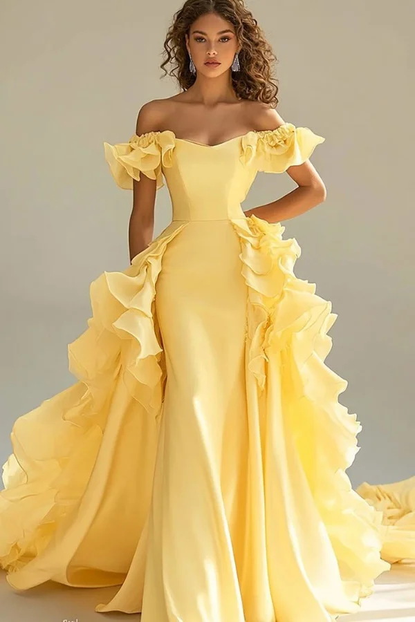 Long Off The Shoulder Sleeveless Mermaid Prom Dress Ruffles