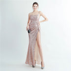 High Density Sequin Pleated Side Slit Sling Long Evening Dress
