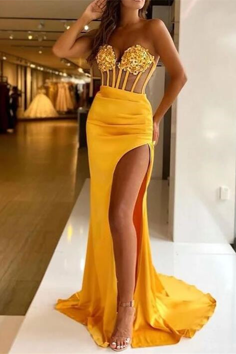 Vestido de fiesta largo de sirena sin tirantes, de satén y lentejuelas, con abertura frontal