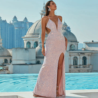 Vestido de noche elegante de alta gama, estilo Hepburn, con escote en V, largo, de alta gama, elegante, de alta sociedad, ligero, de lujo, con lentejuelas y tirantes. 