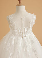 Ivory Lace Flower Girl Dress Tulle Floor Length Sleeveless Gown