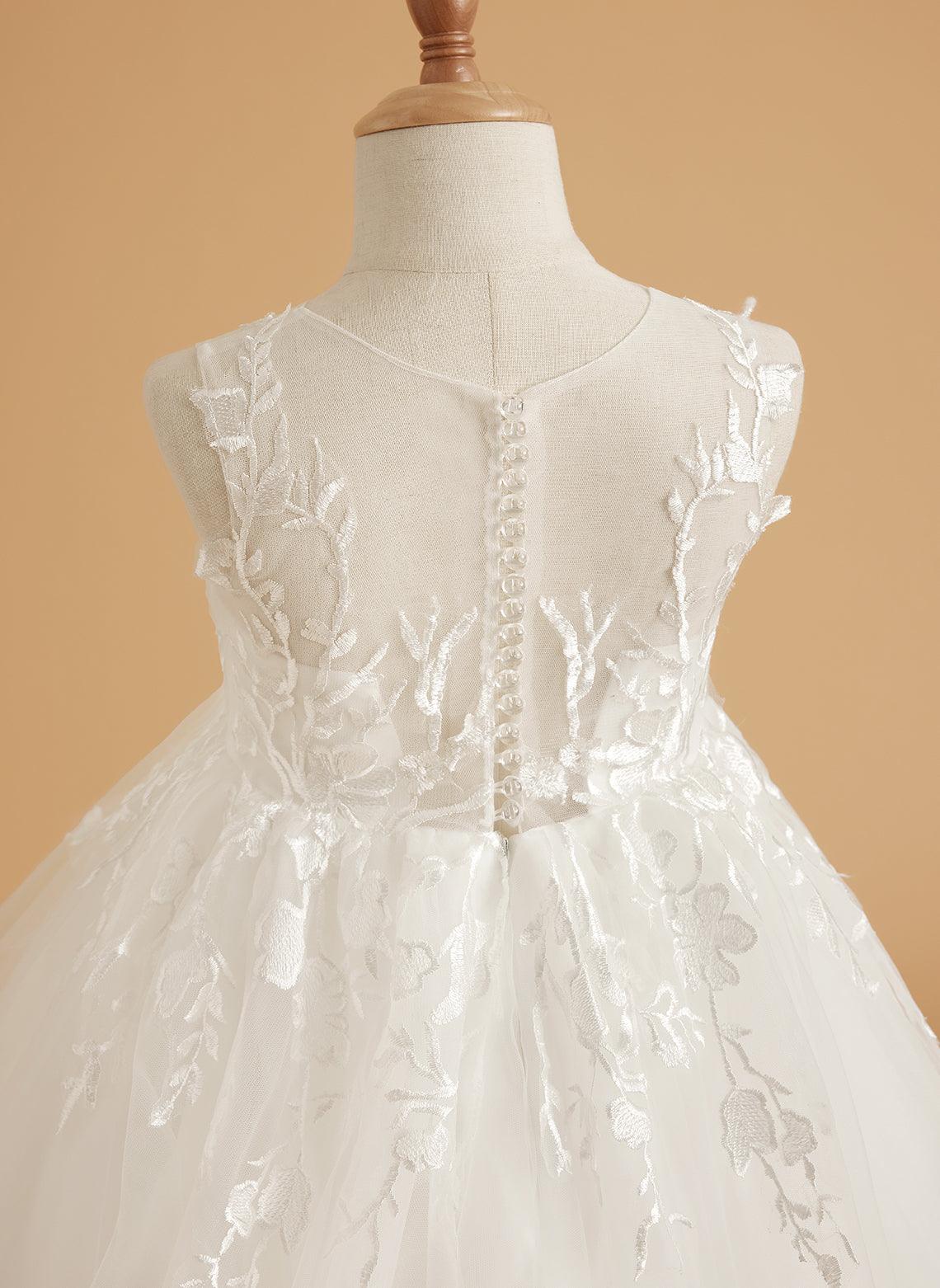 Ivory Lace Flower Girl Dress Tulle Floor Length Sleeveless Gown
