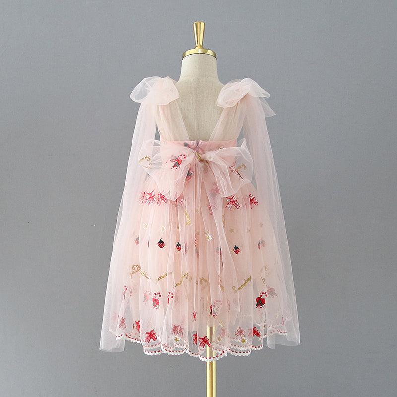 Pink Tulle Knee Length Strawberry Embroidery Flower Girl Dress