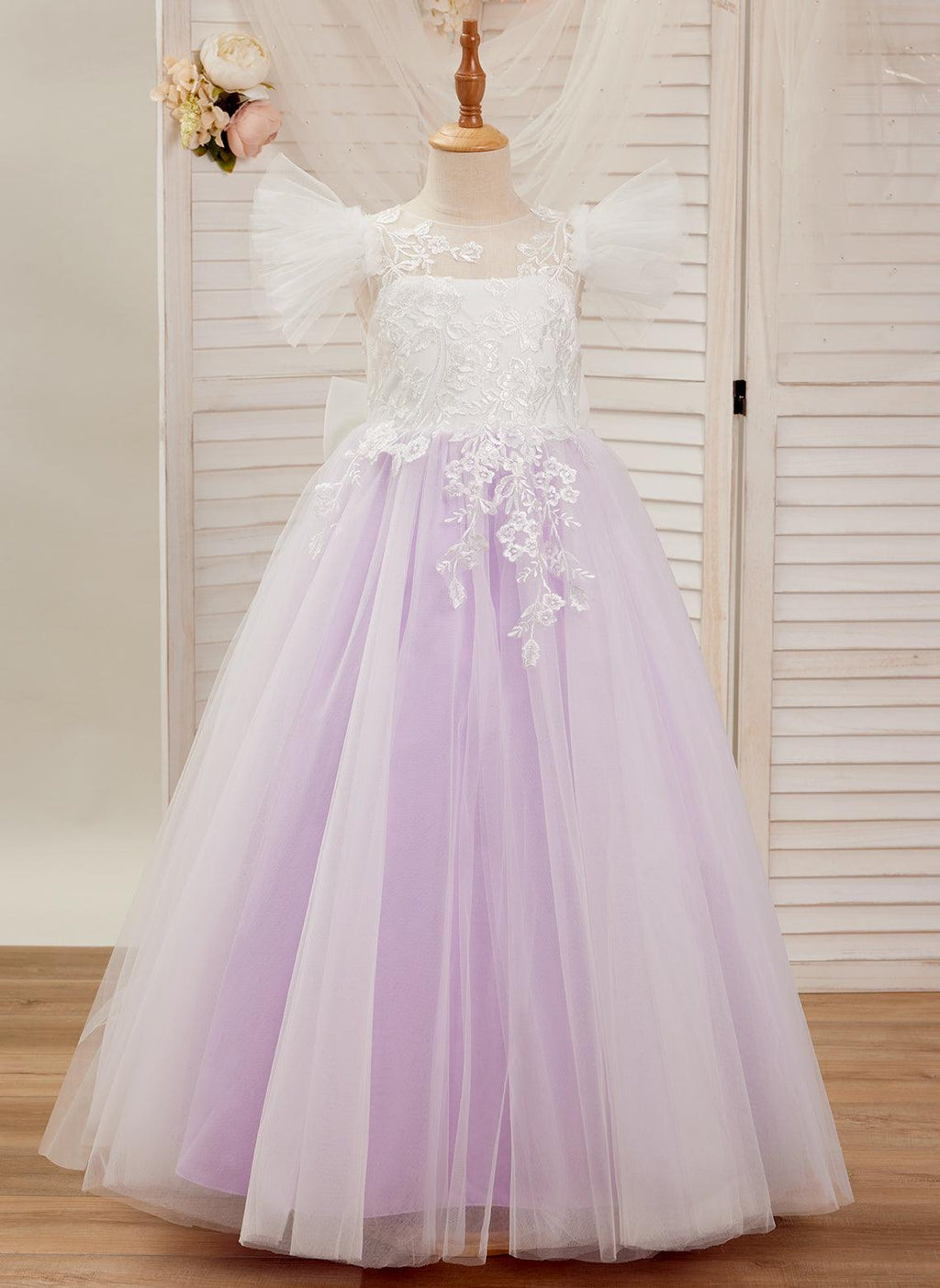 Detachable Lace Tulle Flower Girl Dress With Bow And Sweep Train