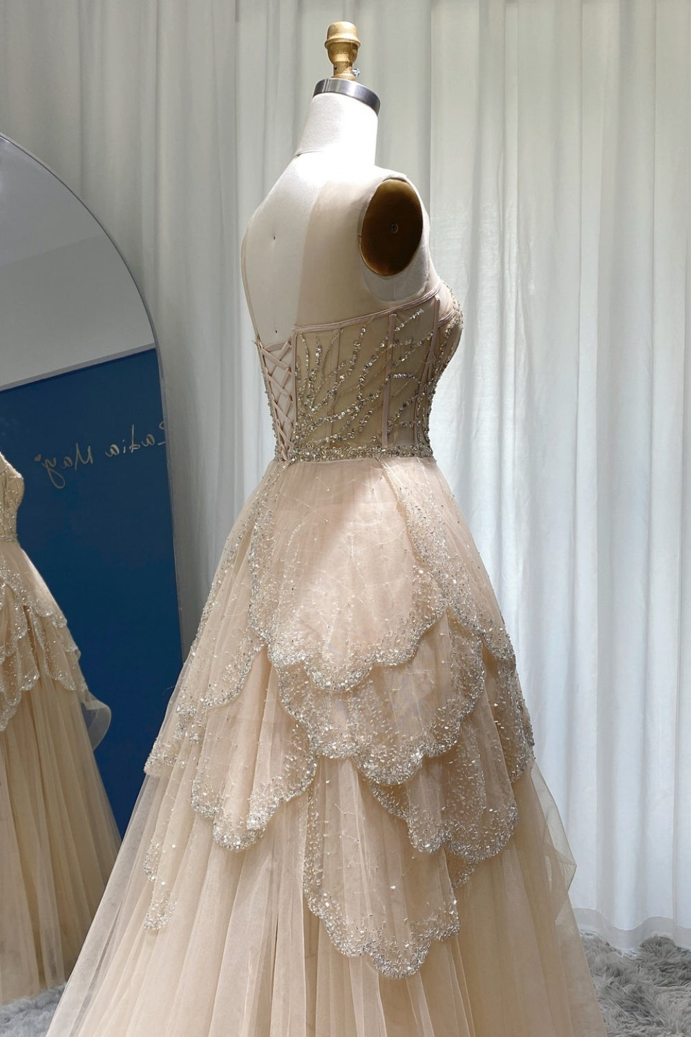 Bmbridal A Line Hi Lo Strapless Tulle Prom Dress With Lace Beading