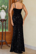 Abiti da Sera Sexy con Scollo Quadrato, Spacco e Paillettes Solide