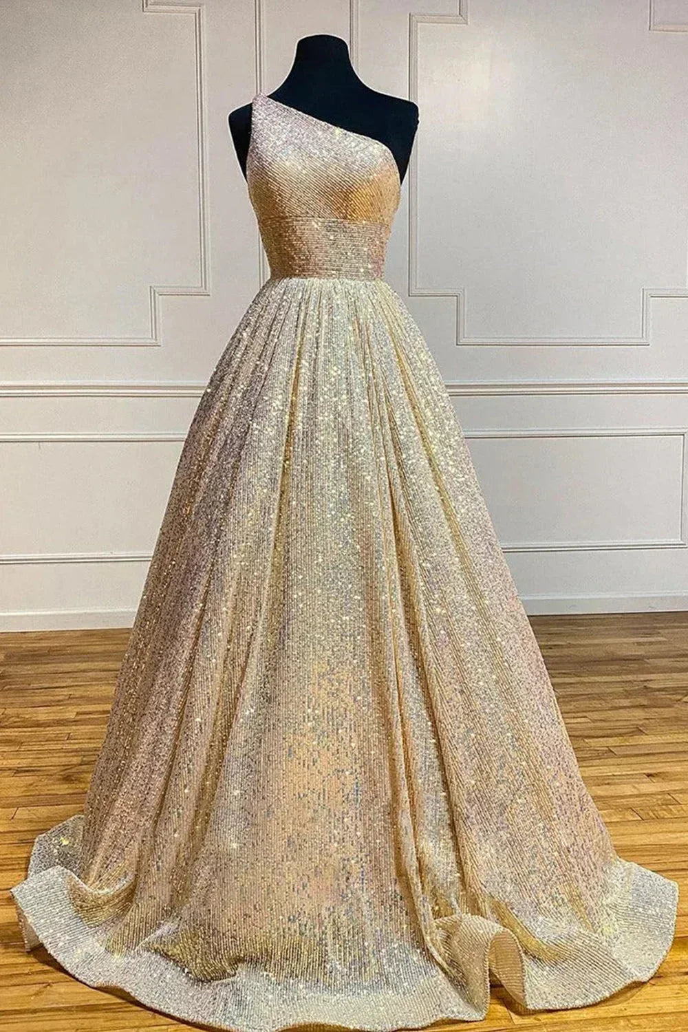 Abito da sera con paillettes, monospalla a linea ad A, con tasche