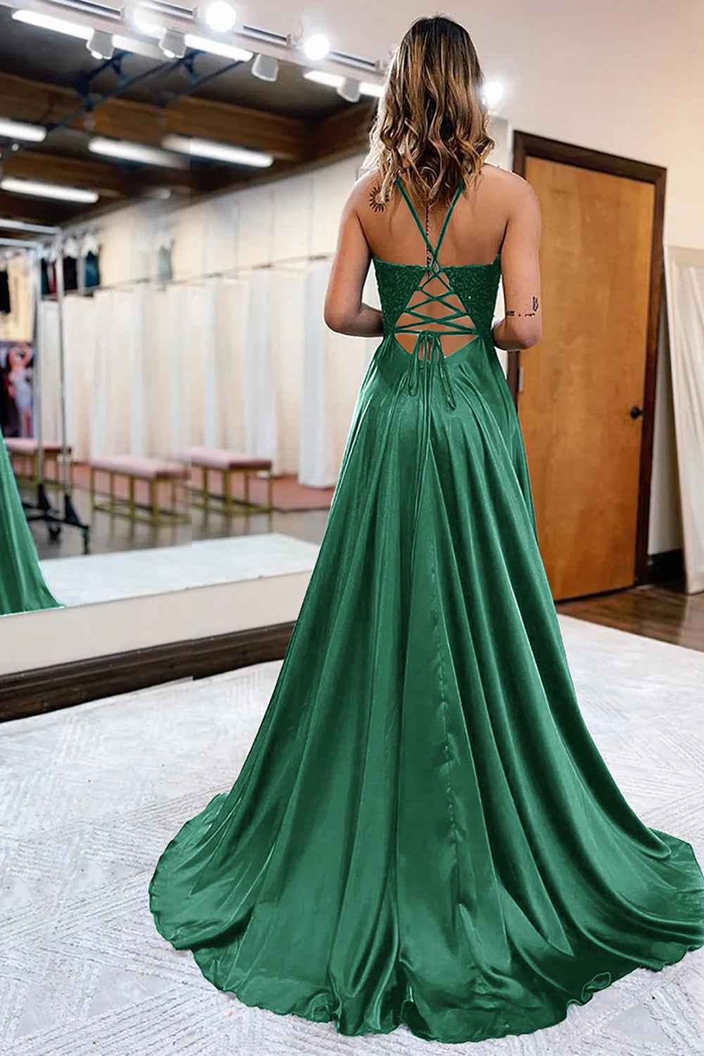 Dark Green Satin A-Line Appliqued Prom Dress With Side Slit For Formal Evening Party Occasions