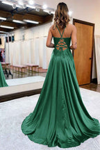 Dark Green Satin A-Line Appliqued Prom Dress With Side Slit For Formal Evening Party Occasions