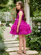 Fuchsia Princess Sleeveless Tulle Flower Girl Ruffles Mini Wedding Dress