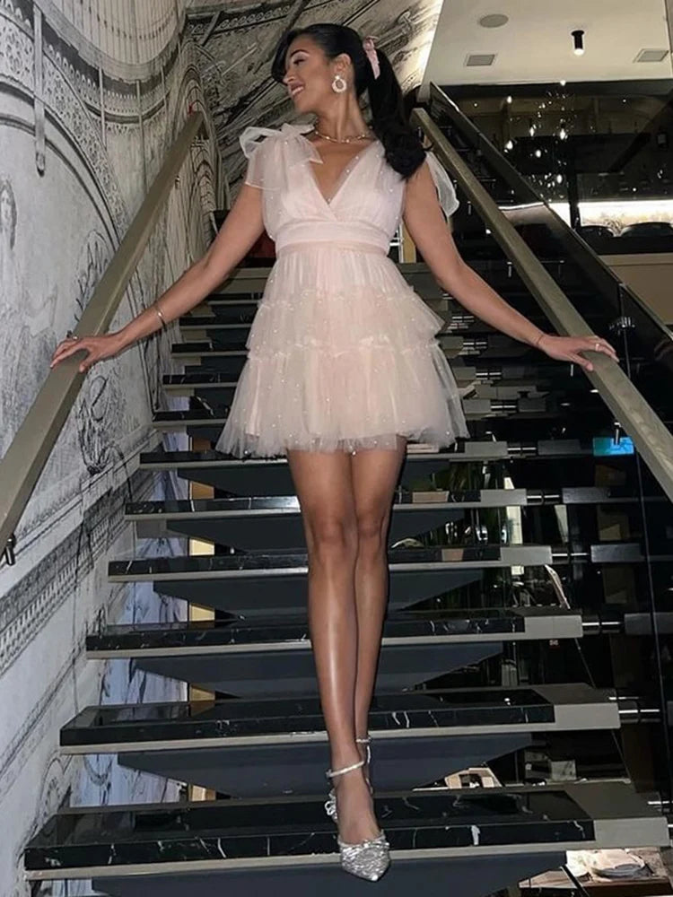 TARUXY Solid Mesh Splice Bow Mini Dress For Women Pearl Sleeveless Sexy Plunge V Neck Solid Elegant Party Evening Dress Female