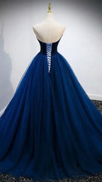 Abito da sera elegante blu senza spalline a linea ad A Y839