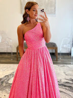 Abito da sera con paillettes, monospalla a linea ad A, con tasche