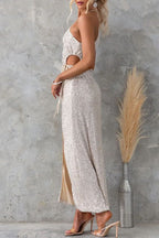 Celebrities Formal Solid Sequins Draw String Slit Oblique Collar Evening Dress Dresses