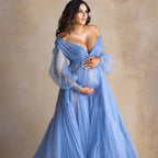 6117#Fluffy Blue Ruffle Tulle Maternity Dress for Photoshoot Off Shoulder Pregnancy Photography Dress Maternity Gown Robes with Sash