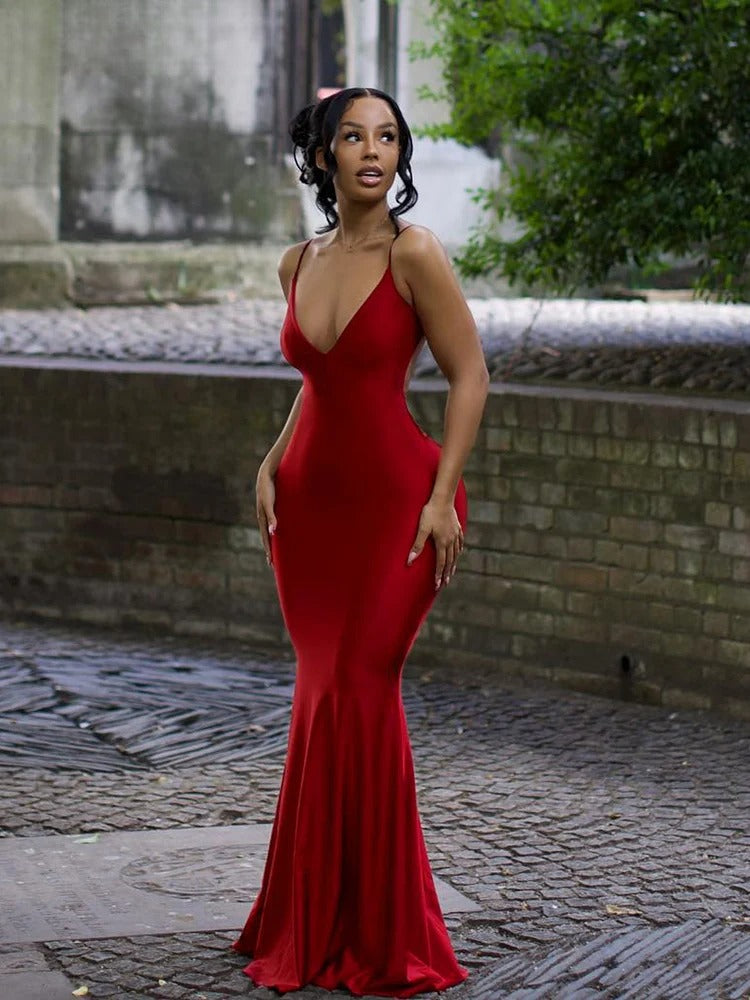 Nibber Red Shiny Spaghetti Strap Maxi Dress Women Solid Sexy Backless Ruched Cleavage Body-shaping Robe Lady Hipster Streetwear