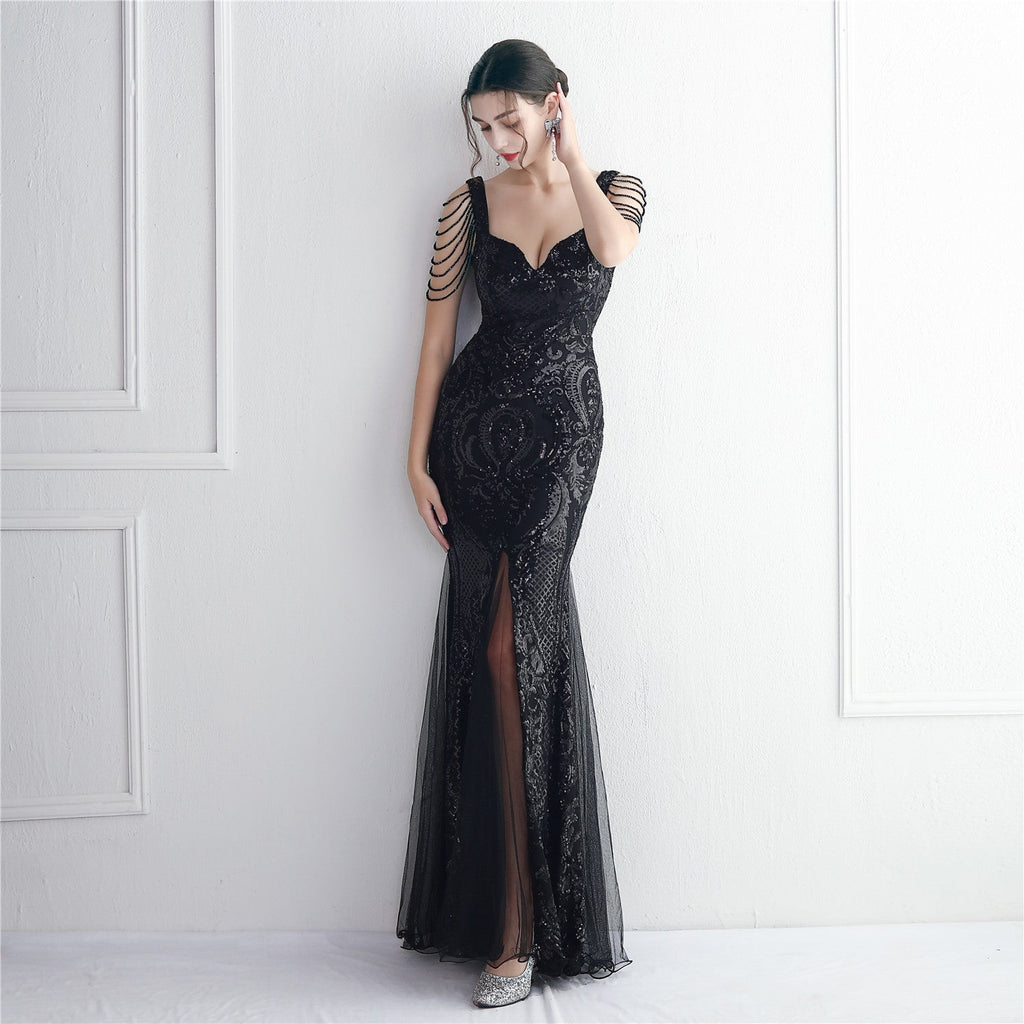 Sequin Mesh Craft Beaded Party Dress Long Cocktail Slim Fit Evening Dress Elegant Long