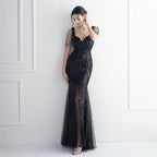 Sequin Mesh Craft Beaded Party Dress Long Cocktail Slim Fit Evening Dress Elegant Long