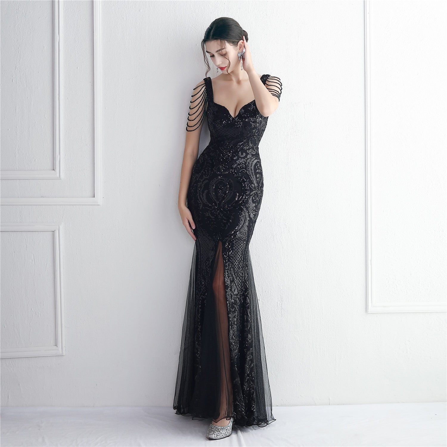 Sequin Mesh Craft Beaded Party Dress Long Cocktail Slim Fit Evening Dress Elegant Long