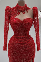 Red Long Sleeve Mermaid Evening Dress With Lace And Beading