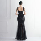Sequin Mesh Craft Beaded Party Dress Long Cocktail Slim Fit Evening Dress Elegant Long