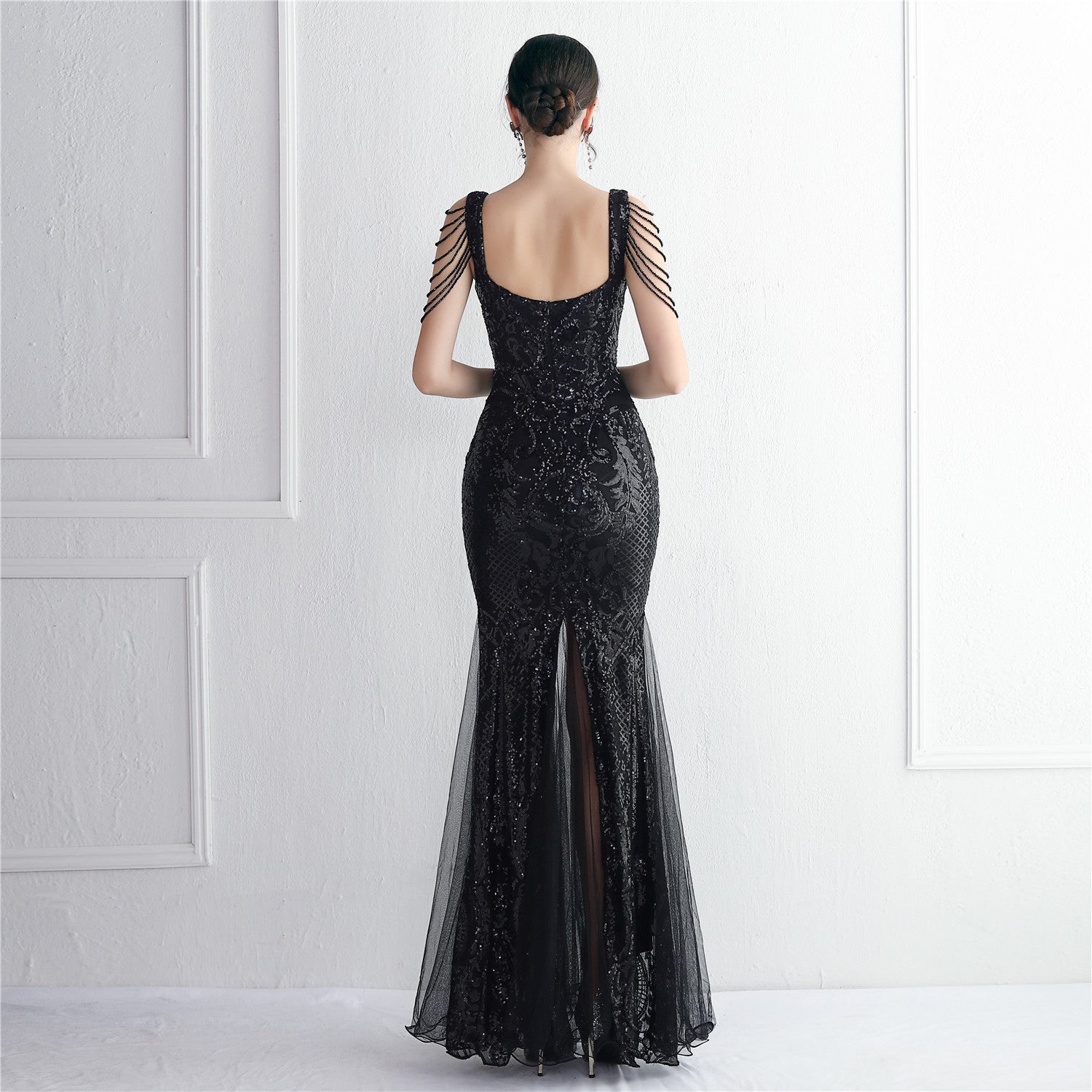 Sequin Mesh Craft Beaded Party Dress Long Cocktail Slim Fit Evening Dress Elegant Long