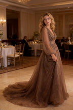 Vestido de noche ilusión de tul con escote en V y línea en A, mangas largas transparentes, vestido de gala Y1204