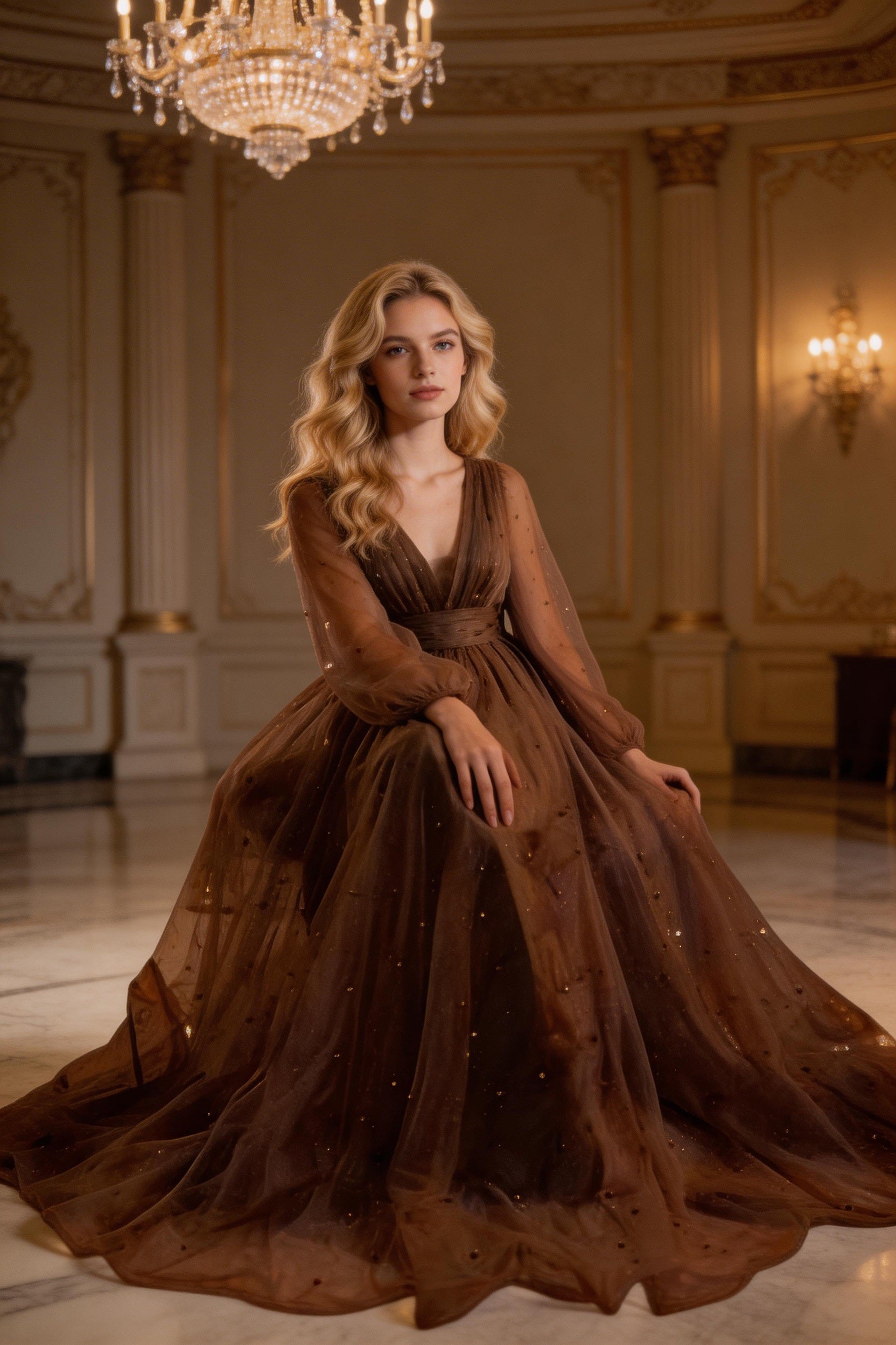 Vestido de noche ilusión de tul con escote en V y línea en A, mangas largas transparentes, vestido de gala Y1204