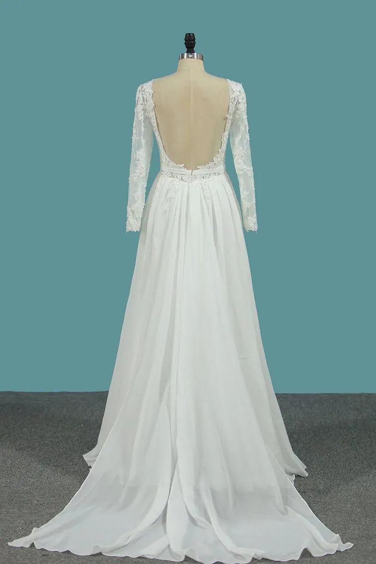 Elegant A Line Chiffon Floor Length Wedding Dress With Long Sleeves Ruffles