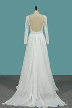 Elegant A Line Chiffon Floor Length Wedding Dress With Long Sleeves Ruffles