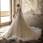 Chic Deep V Neck A Line Long Sleeves Wedding Dress With Tulle Lace Appliques